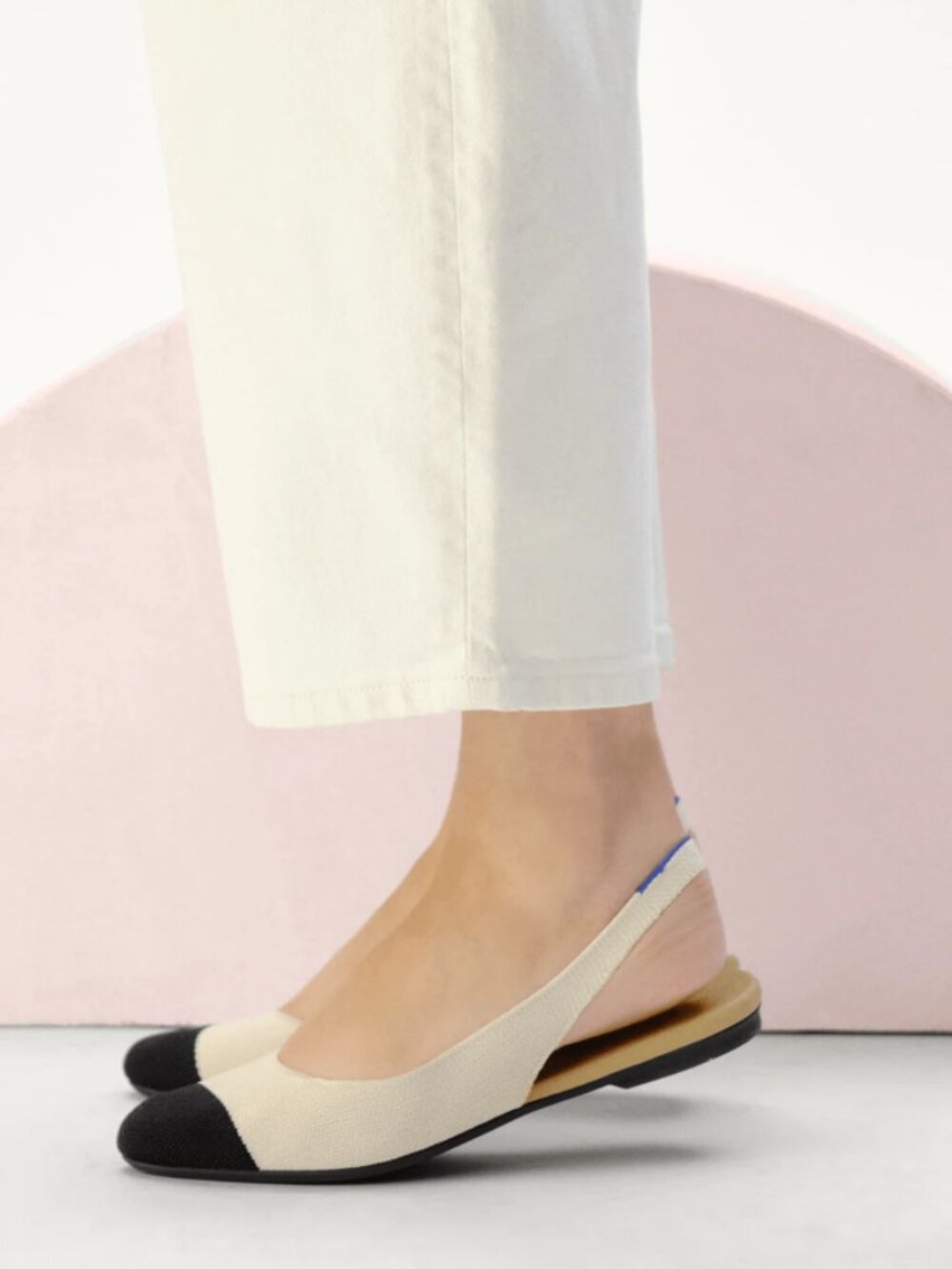 Rothy's The Almond Slingback Flats in Conch Captoe Cream with Black Toe Size 6.5